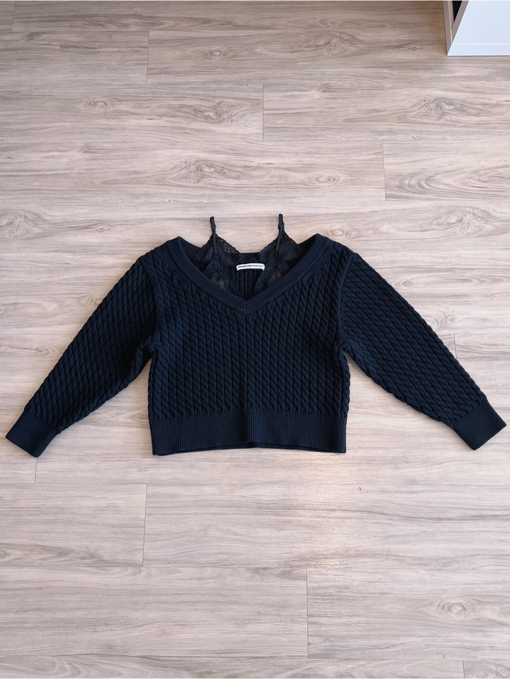 Alexander Wang Black V-Neck Cotton Cable Knit Sweater with Lace Detail